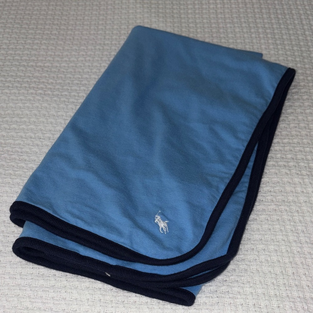 Ralph Lauren Polo Baby Knit Blanket Blue w/ white pony logo 100% cotton 27”x 32”